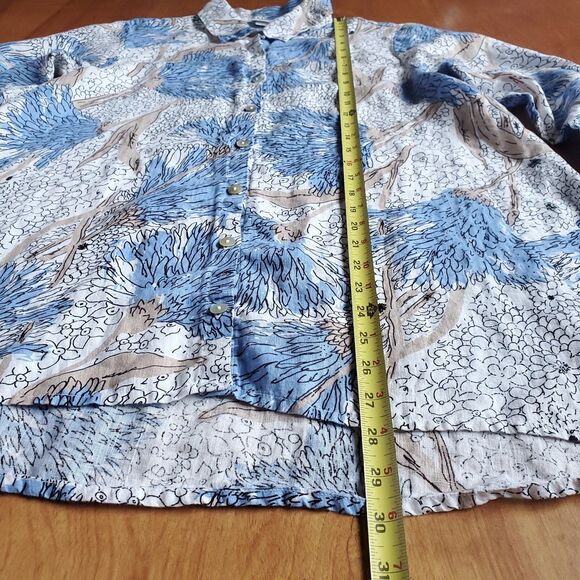 Habitat 100% Linen Top Sz M White Blue Floral Button Up Lagenlook Coastal Beachy - Picture 8 of 10